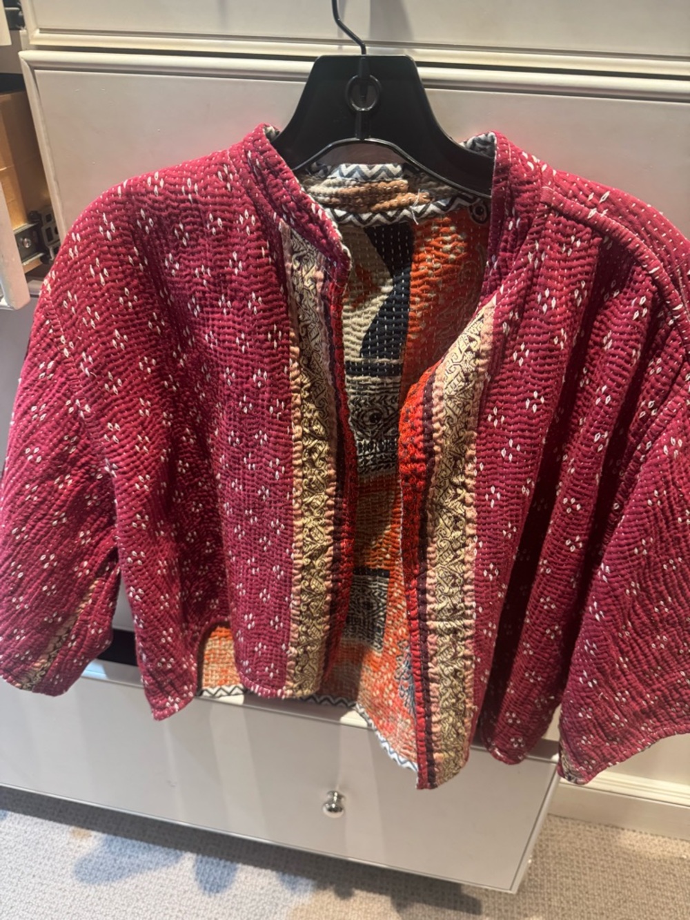 Women's Quilted Red Patchwork-Trim Jean Jacket